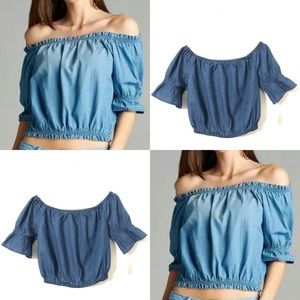 Chambray Off the Shoulder Bell Sleeve Crop Top